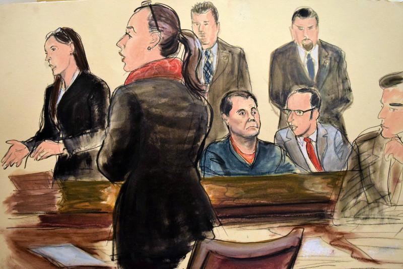 In this courtroom art, Joaquin "El Chapo" Guzman, seated center, listens as his federal defender Michelle Gelernt, left, and Assistant U.S. Attorney Andrea Goldbarg, second left, talk at his Brooklyn federal court appearance, Friday, Feb. 3, 2017 in New York. Guzman is charged with running a massive drug trafficking operation that laundered billions of dollars and oversaw murders and kidnappings. (AP Photo/Elizabeth Williams)