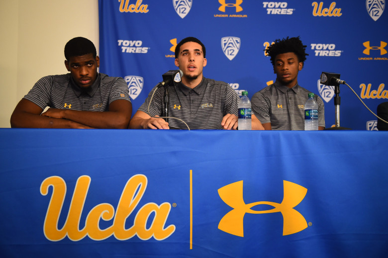 UCLA Men’s Basketball student-athletes (l-r) Cody Riley, LiAngelo Ball, and Jalen Hill during a press conference at UCLA, Wednesday, November 15, 2017. The press conference was held to address their recent arrest and detention in China for shoplifting.  (Photo by Hans Gutknecht, Los Angeles Daily News/SCNG)