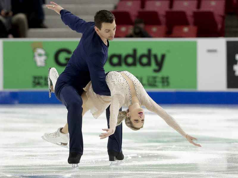 Alexa Scimeca Knierim and Chris Knierim, of the United States, perform during the pairs short program at Skate America, Friday, Nov. 24, 2017, in Lake Placid, N.Y. (AP Photo/Julie Jacobson)