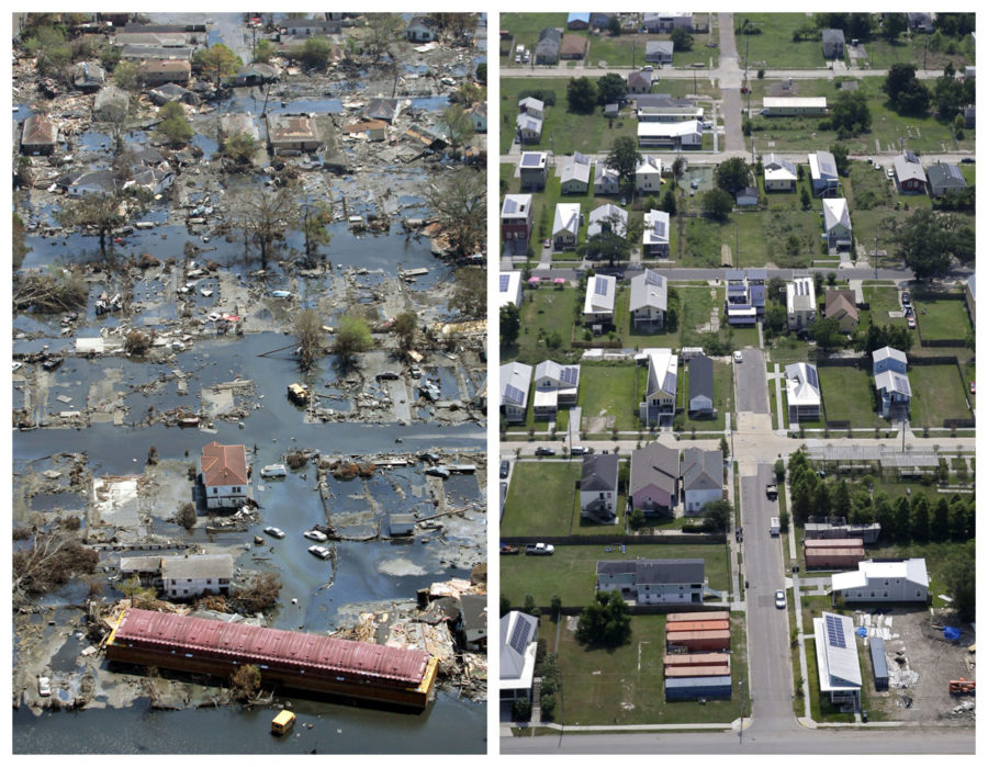 This combination of Sept. 11, 2005 and July 29, 2015 aerial photos show the Lower Ninth Ward of New Orleans flooded by Hurricane Katrina and the same area a decade later. Before Katrina, the Lower Ninth Ward was a working-class and predominantly African-American neighborhood just outside the city's historic center. (AP Photo/David J. Phillip, Gerald Herbert) ORG XMIT: NY716