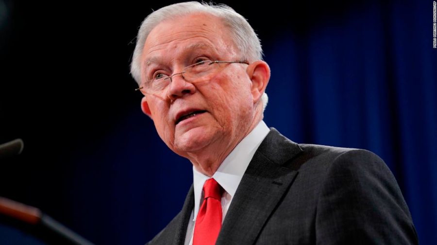 Attorney General Jeff Sessions speaks during a news conference to announce a criminal law enforcement action involving China, at the Department of Justice in Washington, Thursday, Nov. 1, 2018. Justice Department and FBI leaders announced criminal charges and an operation to thwart Chinese economic espionage. (AP Photo/Pablo Martinez Monsivais)