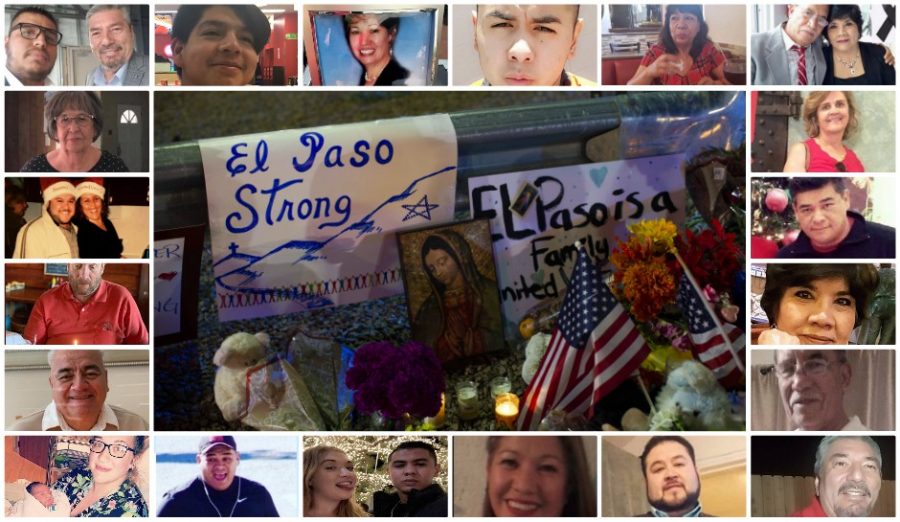 A collage of victims of El Paso shooting and in the middle, a makeshift memorial.