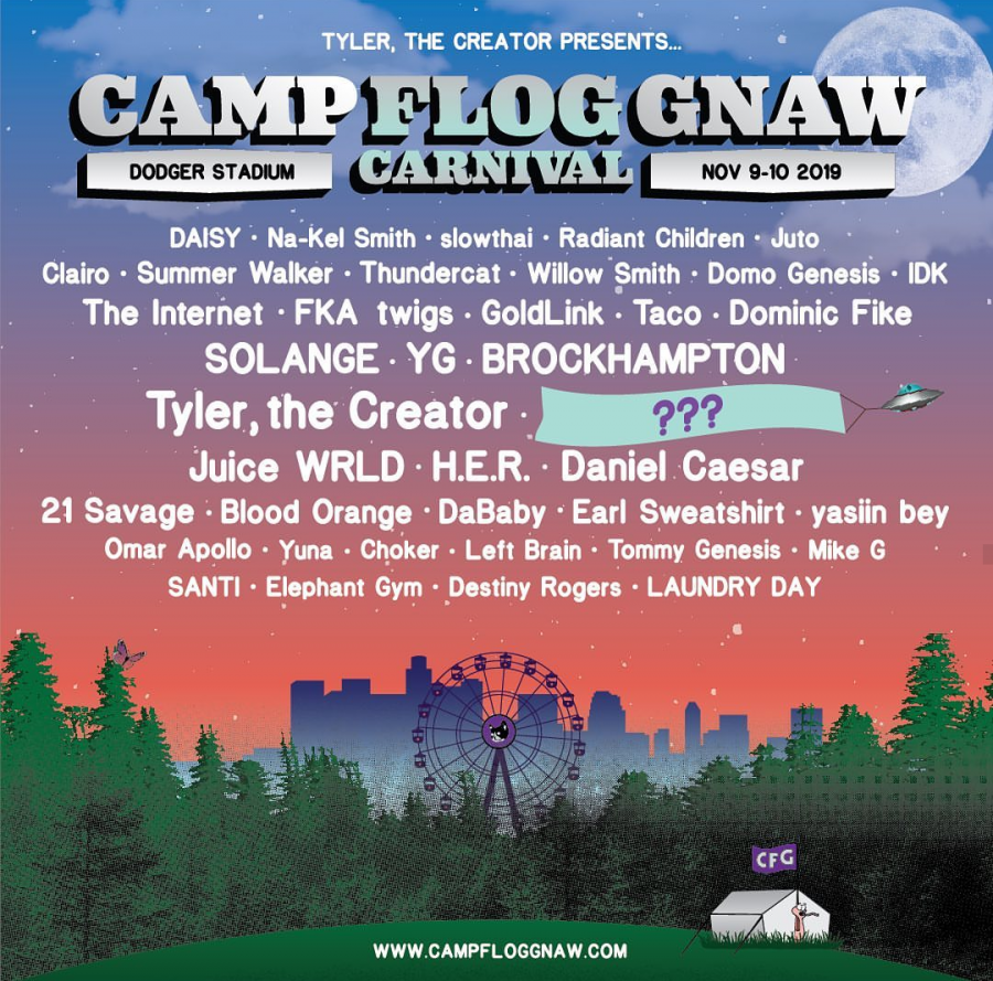 Camp Flog Gnaw's list of preforming artists, showing the mystery performance.