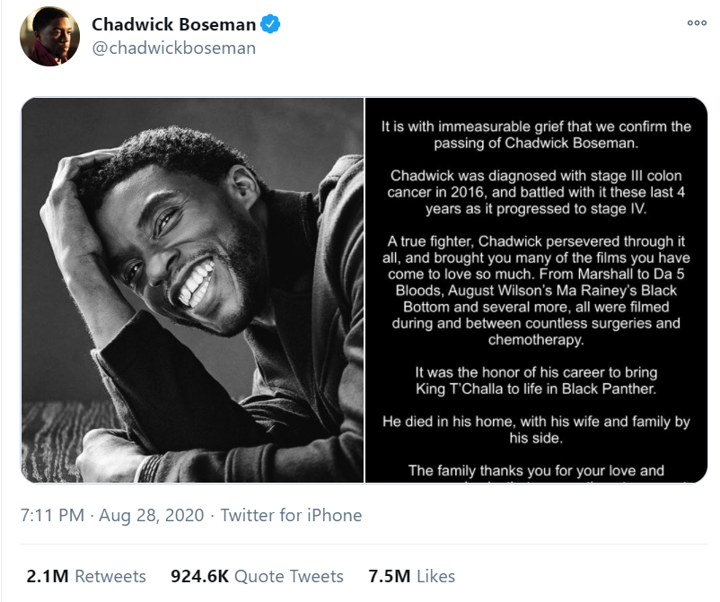 Beginning with the most poignant tweet of the year, the unexpected announcement of the death of Black Panther star Chadwick Boseman. This became the most liked tweet in history with 7.5 million likes and was the most retweeted tweet this year. Rest in Power, King. 