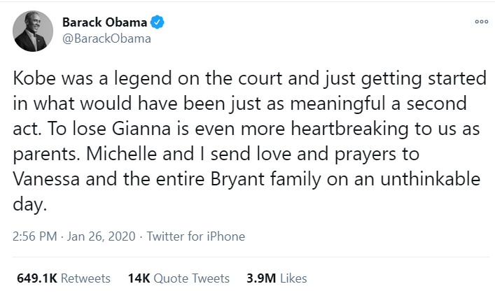 Another tragic event that occurred this year was the passing of a king of the hoops, Kobe Bryant alongside his daughter Gianna. Former President Obama tweeted a heartfelt message to the family, making it the 3rd most liked tweet of all time and 2nd this year. 