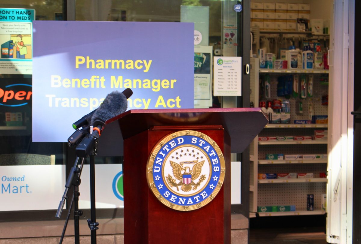 Senator Cantwell's podium set up for a press conference on the PBM Transparency Act