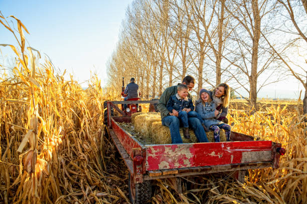 A family goes out for a hayride on a clear fall day