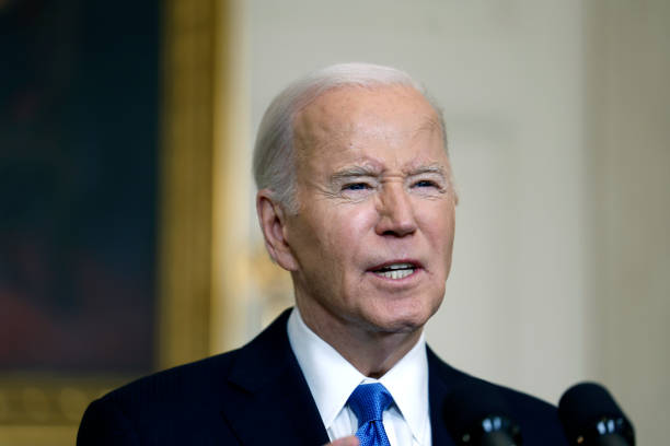 WASHINGTON, DC - FEBRUARY 13: U.S. President Joe Biden speaks on the Senate's recent passage of the National Security Supplemental Bill, which provides military aid to Ukraine, Israel and Taiwan, in the State Dining Room of the White House on February 13, 2024 in Washington, DC. During his remarks Biden urged House Republicans and U.S. Speaker of the House Mike Johnson (R-LA) to move the legislation through the House of Representatives. (Photo by Anna Moneymaker/Getty Images)