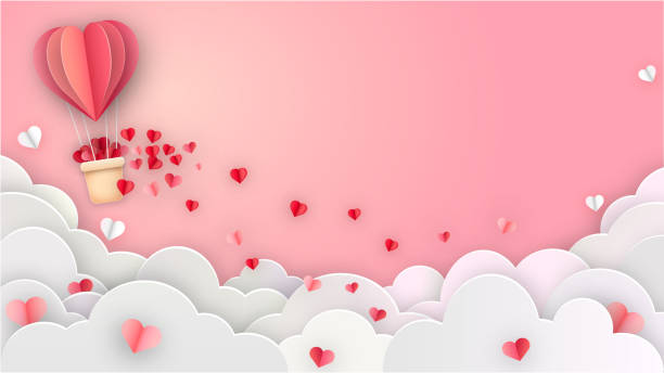 illustration Valentine's Day background by paper cut style, Heart balloon flying and scattering little heart in the sky with copy space for Advertising, greetings card, flyers, invitation, posters, brochure, banners, calendar