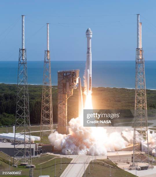 CAPE CANAVERAL, FL - JUNE 05:  (EDITOR’S NOTE: This Handout image was provided by a third-party organization and may not adhere to Getty Images’ editorial policy.) A United Launch Alliance Atlas V rocket with Boeing's CST-100 Starliner spacecraft aboard launches from Space Launch Complex 41 at Cape Canaveral Space Force Station, June 5, 2024, in Cape Canaveral, Florida. NASA's Boeing Crew Flight Test is the first launch with astronauts of the Boeing CFT-100 spacecraft and United Launch Alliance Atlas V rocket to the International Space Station as part of the agency's Commercial Crew Program. The flight test, which launched at 10:52 a.m. EDT, serves as an end-to-end demonstration of Boeing's crew transportation system and will carry NASA astronauts Butch Wilmore and Suni Williams to and from the orbiting laboratory.  (Photo by Joel Kowsky/NASA via Getty Images)