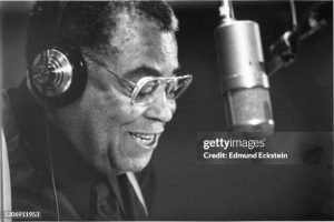 Close-up of American actor James Earl Jones, headphones on his head, as he speaks in a microphone in a recording studio, Hollywood, California, July 10, 1991. (Photo by Edmund Eckstein/Getty Images)