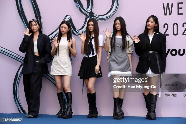 SEOUL, SOUTH KOREA - SEPTEMBER 03: Lee Hye-In aka Hyein, Haerin, Danielle, Hanni and Minji of girl group NewJeans attend  a photocall for YOUSER at Seoul Fashion Week S/S 2025 at DDP on September 03, 2024 in Seoul, South Korea. (Photo by Han Myung-Gu/WireImage)