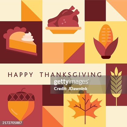 Vector illustration Happy Thanksgiving greeting design template geometric mosaic style with fall, food and drink elements. Includes fully editable vector eps and high resolution jpg. Easy to customize with vector editing software. Royalty free image.