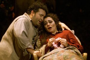 Bob Carey x75451  This is a LA Opera production of Puccini s La Boheme at the Dorothy Chandler Pavillion. Aquiles Machado plays Rodolfo and Leontina Vaduva plays Mimi in final scene just before Mimi dies.  (Photo by Bob Carey/Los Angeles Times via Getty Images)