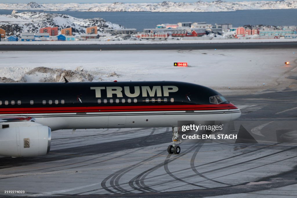 TOPSHOT - An aircraft alledgedly carrying US businessman Donald Trump Jr. arrives in Nuuk, Greenland on January 7, 2025. Donald Trump Jr's plane landed in Nuuk, Greenland, where he is making a short private visit, weeks after his father, US President-elect Donald Trump, suggested Washington annex the autonomous Danish territory. (Photo by Emil Stach / Ritzau Scanpix / AFP) / Denmark OUT (Photo by EMIL STACH/Ritzau Scanpix/AFP via Getty Images)