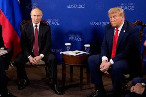 ANCHORAGE, ALASKA - AUGUST 15: U.S. President Donald Trump (R) and Russian President Vladimir Putin (L) hold a meeting at Joint Base Elmendorf-Richardson on August 15, 2025 in Anchorage, Alaska. The two leaders are meeting for peace talks aimed at ending the war in Ukraine. (Photo by Andrew Harnik/Getty Images)