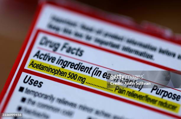SAN ANSELMO, CALIFORNIA - SEPTEMBER 23: In this photo illustration, Acetaminophen, the active ingredient in Tylenol, is listed on a package of Tylenol on September 23, 2025 in San Anselmo, California. The Trump administration linked Tylenol use during pregnancy to autism during a White House press conference yesterday. (Photo Illustration by Justin Sullivan/Getty Images)
