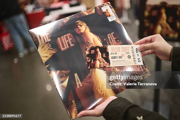 NEW YORK, NEW YORK - OCTOBER 02: An exclusive edition vinyl of Taylor Swift's new album, "Life of a Showgirl" is seen at Target on October 02, 2025 in New York City. (Photo by Valerie Terranova/Getty Images)