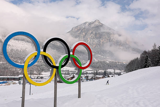 TESERO, ITALY - FEBRUARY 03: Olympic rings at the Tesero Cross-Country Skiing Stadium ahead of the Milano Cortina 2026 Winter Olympics on February 03, 2026 in Tesero, Italy. (Photo by Alex Pantling/Getty Images)