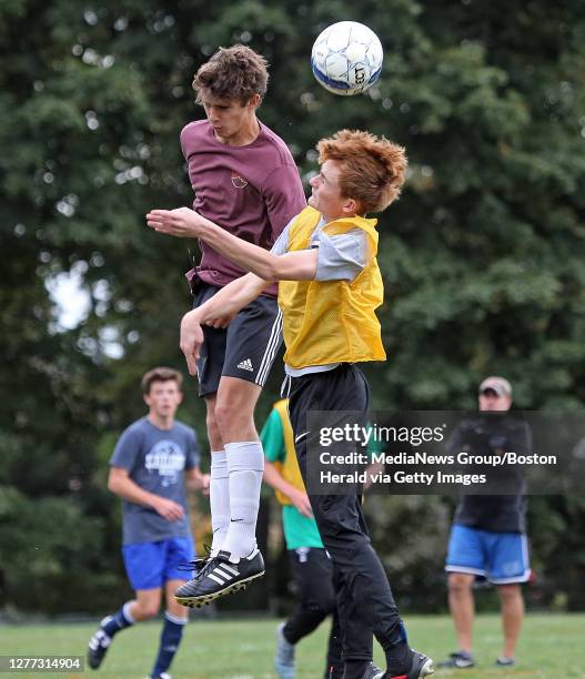 SCITUATE, MA. - OCTOBER 3: Scituate High School's Kyle Mullen and Aidan Duffey during soccer practice on October 3, 2019 in Scituate, Massachusetts. (Staff Photo By Matt Stone/MediaNews Group/Boston Herald) ( Photo by Matt Stone/MediaNews Group/Boston Herald via Getty Images)
